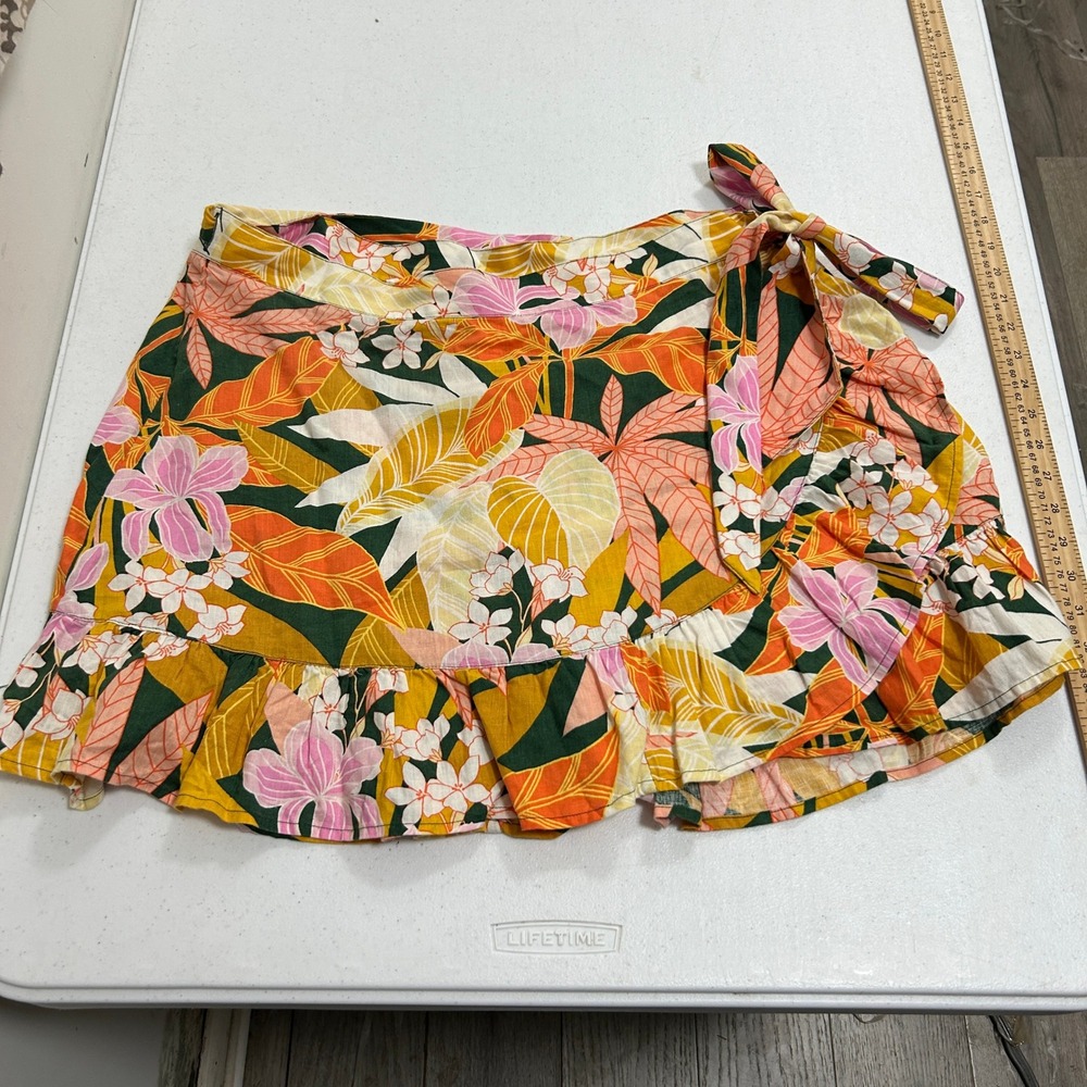 Aerie Tropical Floral Wrap Mini Skirt XXL Orange Pink Yellow Ruffle Hem Tie Side